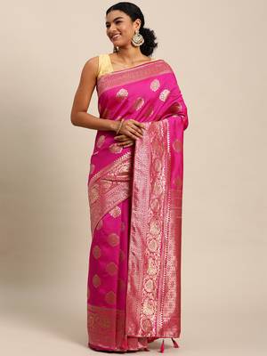 rani pink banarasi silk blend jacquard woven golden zari butta saree with blouse piece 1