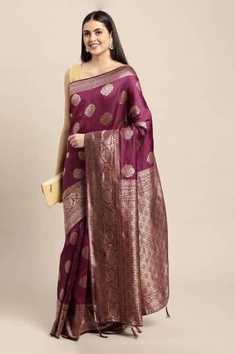 rust orange banarasi silk blend jacquard woven golden zari butta saree with blouse piece