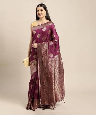 rust orange banarasi silk blend jacquard woven golden zari butta saree with blouse piece 1