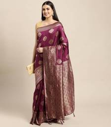 rust orange banarasi silk blend jacquard woven golden zari butta saree with blouse piece