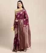 rust orange banarasi silk blend jacquard woven golden zari butta saree with blouse piece