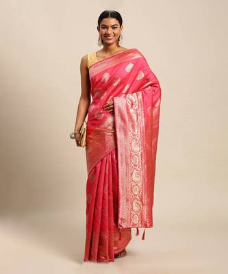pink banarasi silk blend jacquard woven golden zari butta saree with blouse piece 1