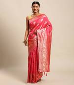 pink banarasi silk blend jacquard woven golden zari butta saree with blouse piece