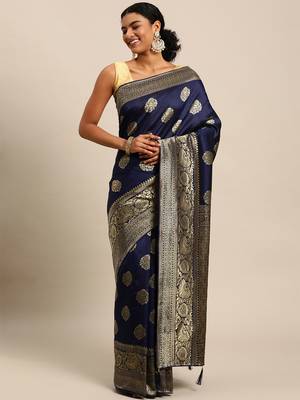 navy blue banarasi silk blend jacquard woven golden zari butta saree with blouse piece 1