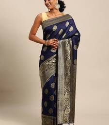 navy blue banarasi silk blend jacquard woven golden zari butta saree with blouse piece