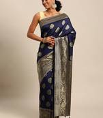 navy blue banarasi silk blend jacquard woven golden zari butta saree with blouse piece