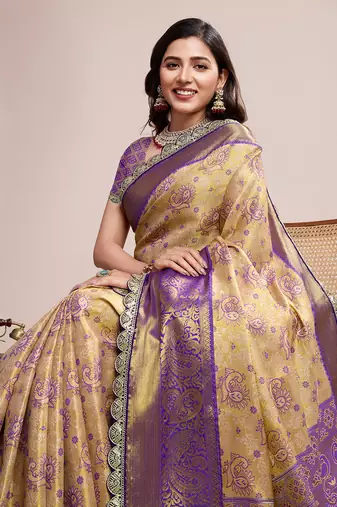 Brown soft silk blend c wevon zari saree