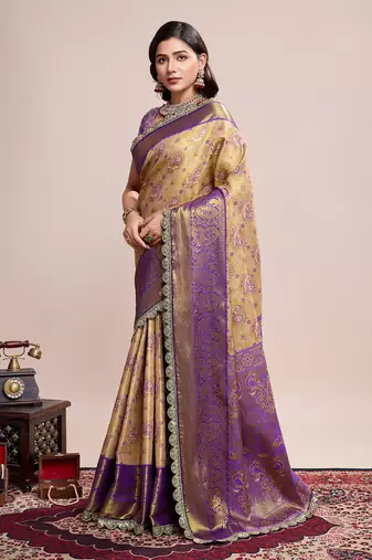 Brown soft silk blend c wevon zari saree
