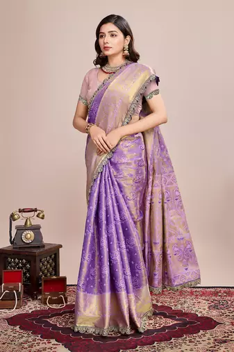 Lavender soft silk blend c wevon zari saree
