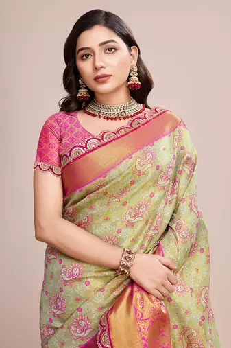 Beige soft silk blend c wevon zari saree