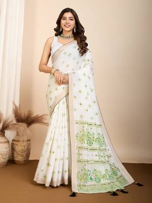 Table printed hand work off white blended coton saree 1