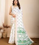 Table printed hand work off white blended coton saree