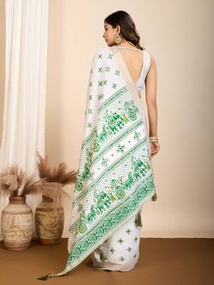 Table printed hand work off white blended coton saree 2