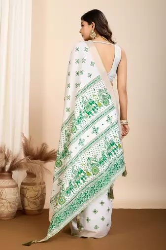 Table printed hand work off white blended coton saree