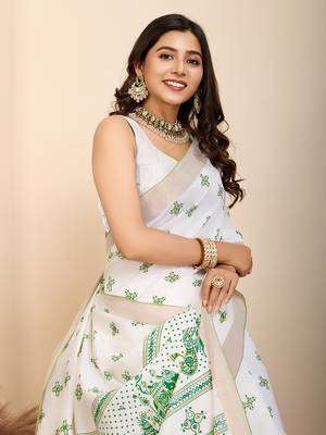 Table printed hand work off white blended coton saree 3