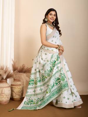 Table printed hand work off white blended coton saree 5