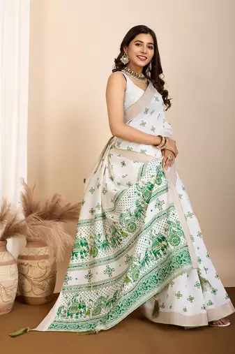 Table printed hand work off white blended coton saree
