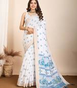 Table printed hand work off white blended coton saree