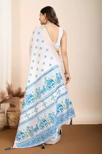 Table printed hand work off white blended coton saree
