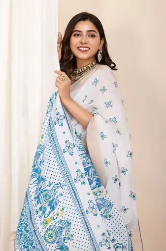 Table printed hand work off white blended coton saree