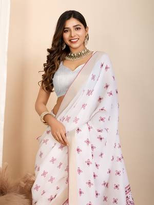Table printed hand work off white blended coton saree 3