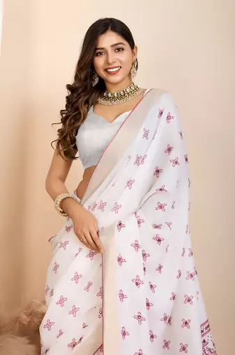 Table printed hand work off white blended coton saree