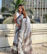 Grey chanderi crush printed with wevon jari designer elegant sophisticated saree