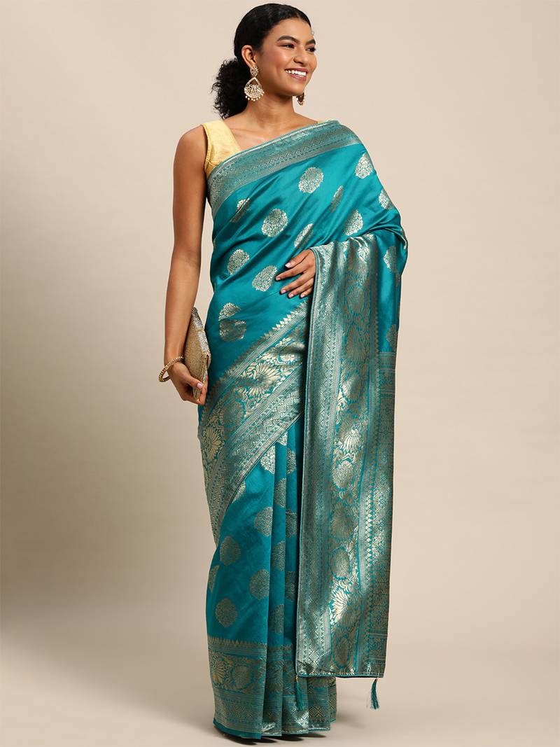 rama green banarasi silk blend jacquard woven golden zari butta saree with blouse piece