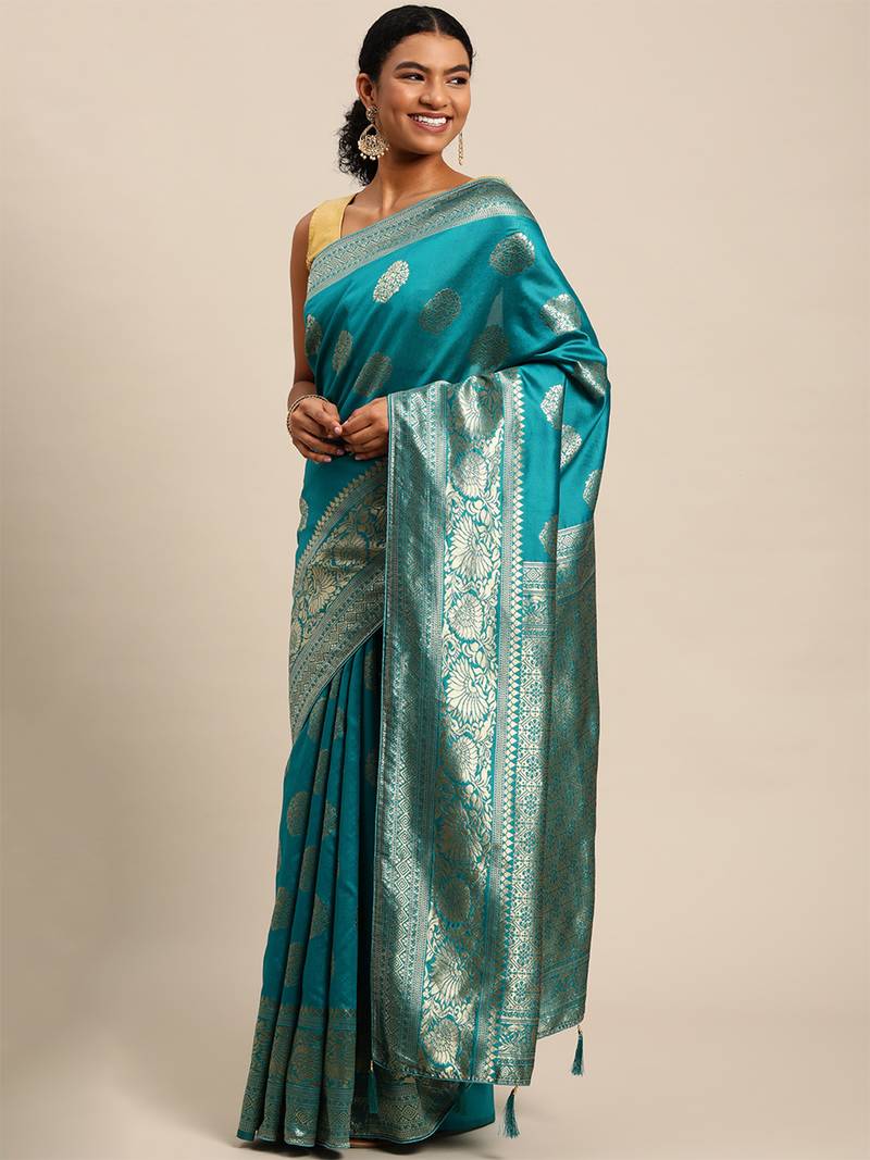 rama green banarasi silk blend jacquard woven golden zari butta saree with blouse piece
