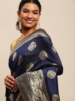 navy blue banarasi silk blend jacquard woven golden zari butta saree with blouse piece 2