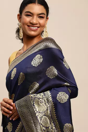 navy blue banarasi silk blend jacquard woven golden zari butta saree with blouse piece