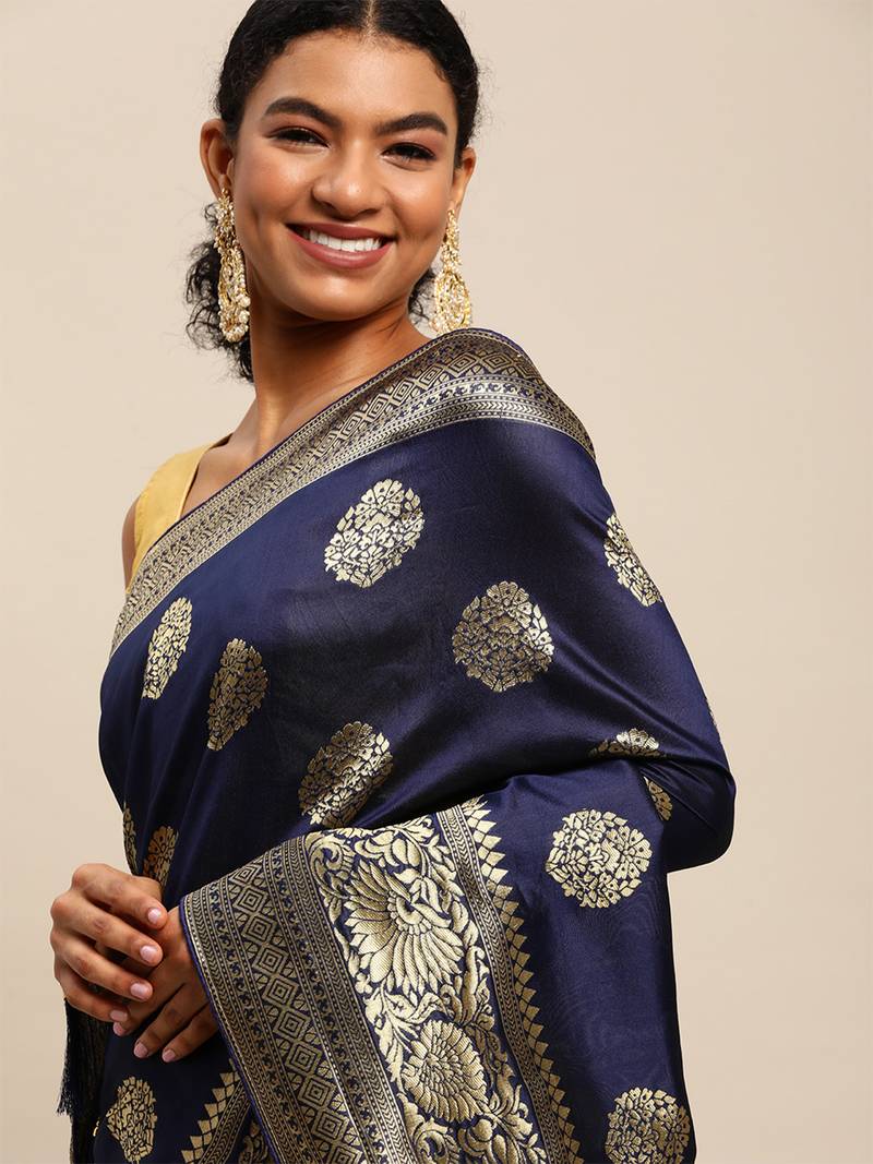 navy blue banarasi silk blend jacquard woven golden zari butta saree with blouse piece