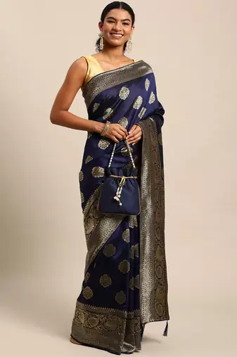 navy blue banarasi silk blend jacquard woven golden zari butta saree with blouse piece