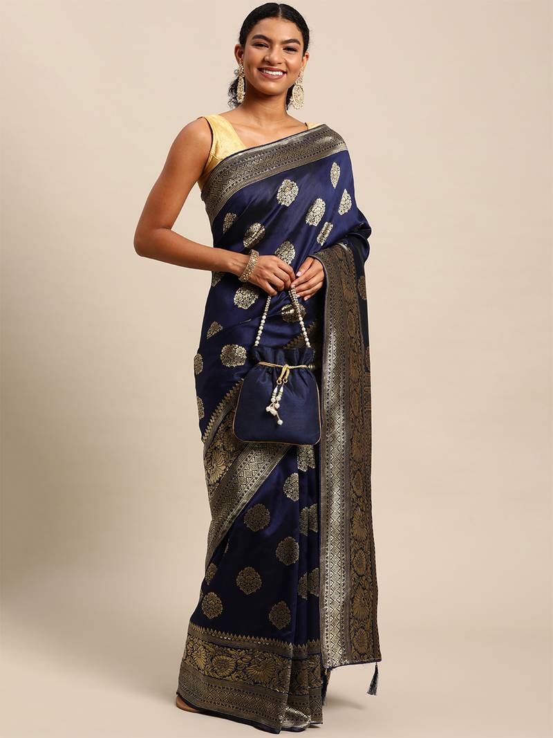 navy blue banarasi silk blend jacquard woven golden zari butta saree with blouse piece