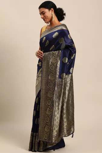 navy blue banarasi silk blend jacquard woven golden zari butta saree with blouse piece