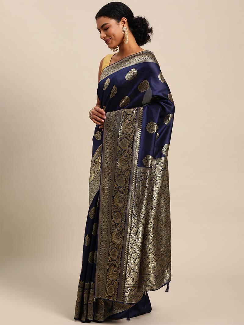 navy blue banarasi silk blend jacquard woven golden zari butta saree with blouse piece