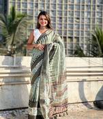 Green chanderi crush printed with wevon jari designer elegant sophisticated saree