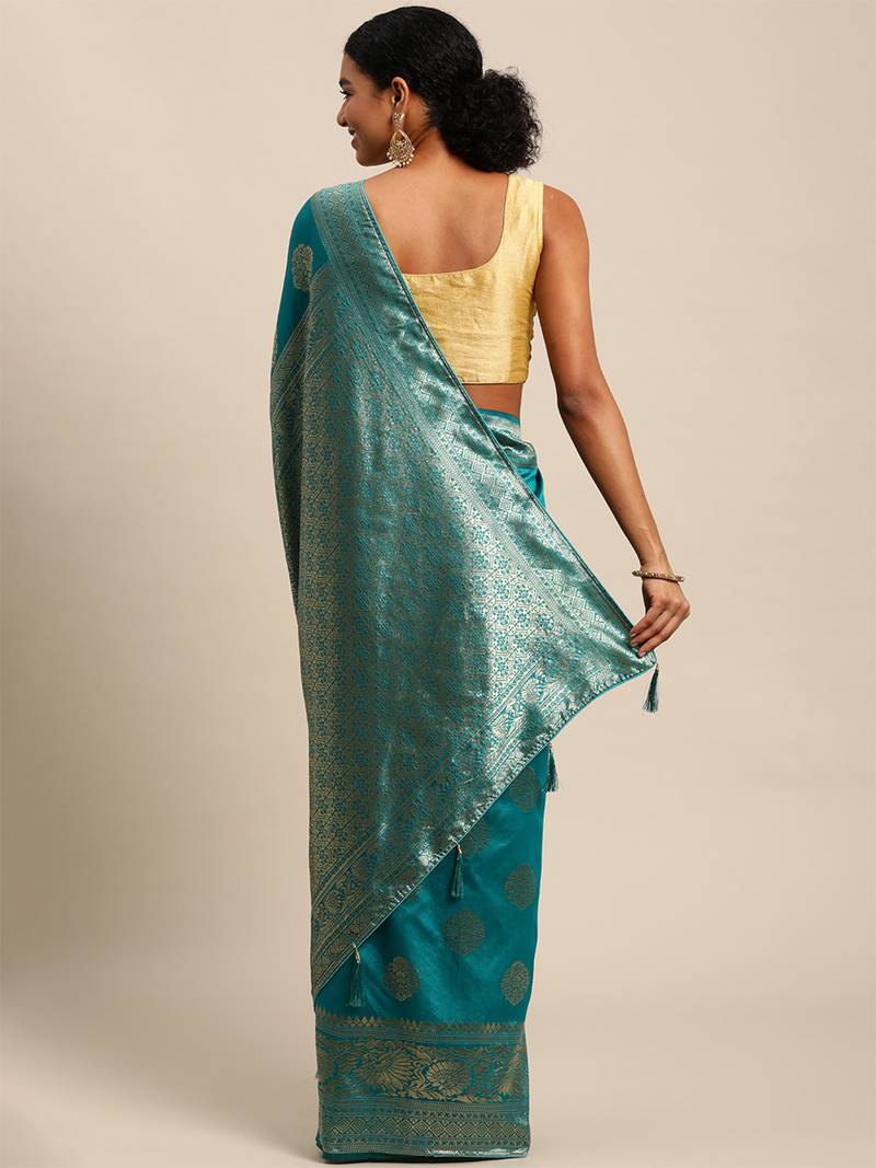 rama green banarasi silk blend jacquard woven golden zari butta saree with blouse piece