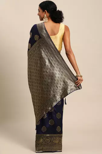 navy blue banarasi silk blend jacquard woven golden zari butta saree with blouse piece