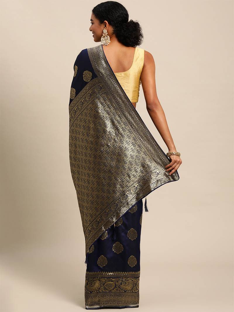 navy blue banarasi silk blend jacquard woven golden zari butta saree with blouse piece