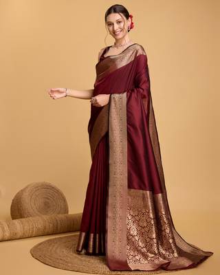 Maroon soft silk blend saree with zari woven  1