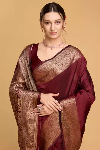 Maroon soft silk blend saree with zari woven 