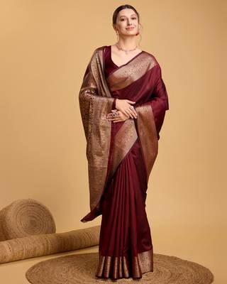 Maroon soft silk blend saree with zari woven  5