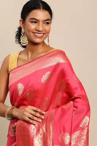 pink banarasi silk blend jacquard woven golden zari butta saree with blouse piece