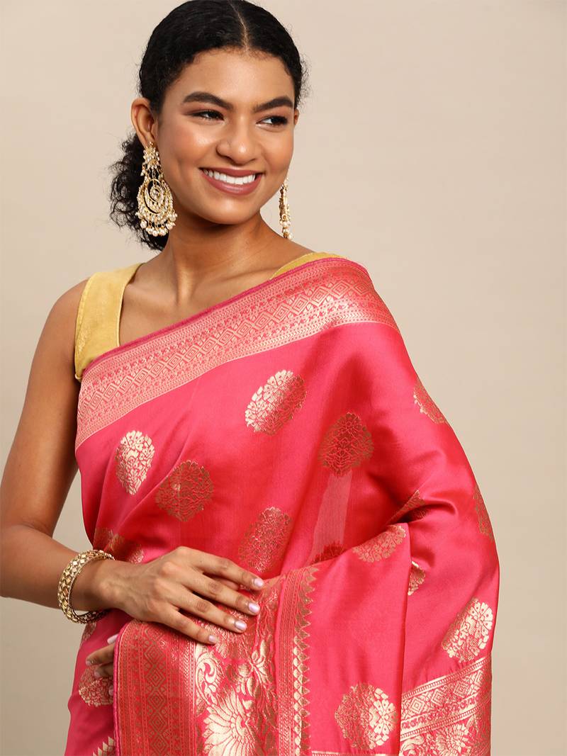 pink banarasi silk blend jacquard woven golden zari butta saree with blouse piece