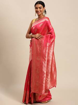 pink banarasi silk blend jacquard woven golden zari butta saree with blouse piece 3