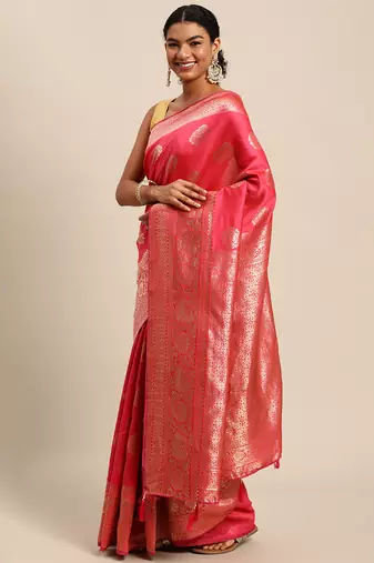 pink banarasi silk blend jacquard woven golden zari butta saree with blouse piece