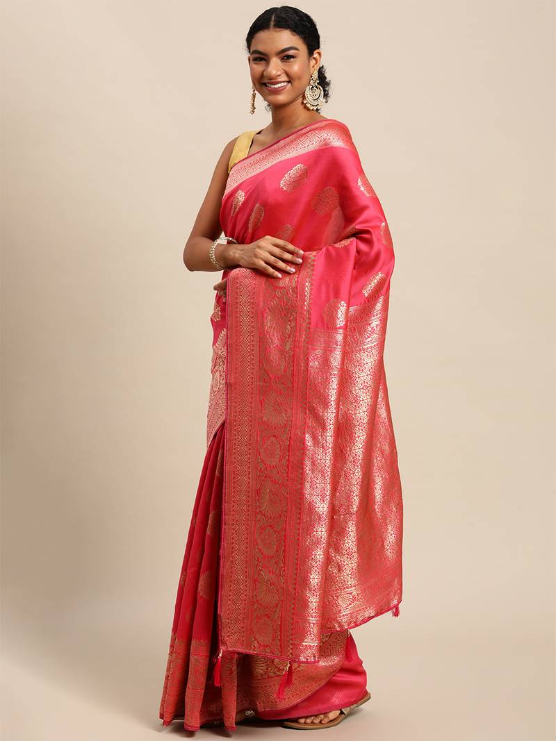 pink banarasi silk blend jacquard woven golden zari butta saree with blouse piece