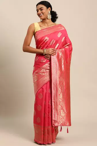 pink banarasi silk blend jacquard woven golden zari butta saree with blouse piece