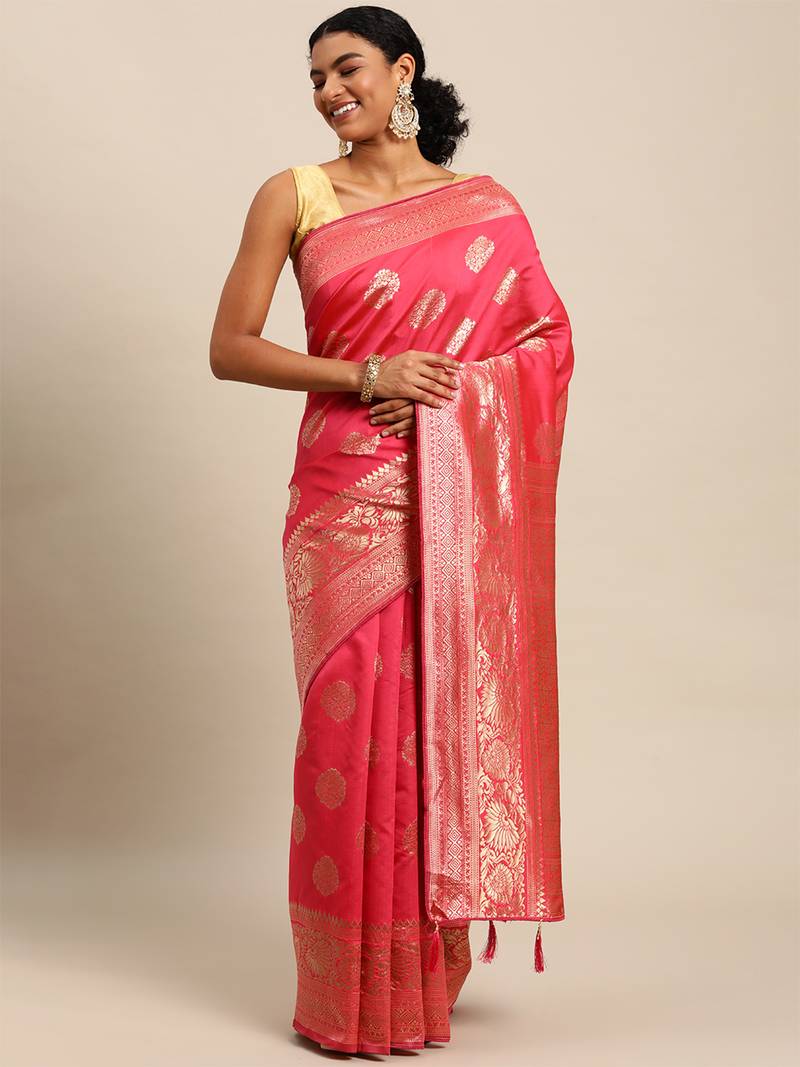 pink banarasi silk blend jacquard woven golden zari butta saree with blouse piece